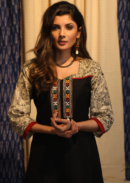 ON-SALE-sale-a-line-black-cotton-silk-kurta-with-madhubani-yoke-sleeves-and-kutch-handwork