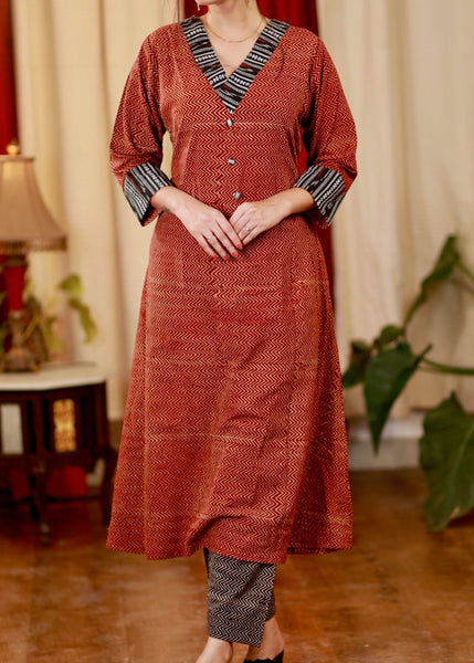 ON-SALE-sale-a-line-cotton-ajrakh-kurta-with-ikat-details