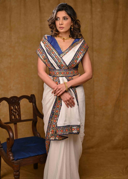 Beautiful White Chinnon Saree with Blue Delicate Border