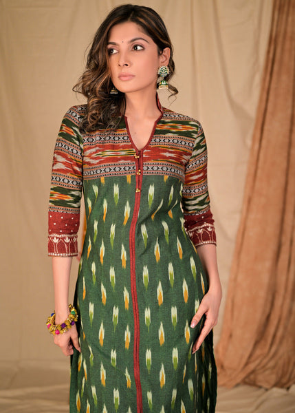 ON-SALE-trendy-emerald-green-combination-cotton-ikat-kurta-with-embroidered-collars-and-sleeves-pant-optional