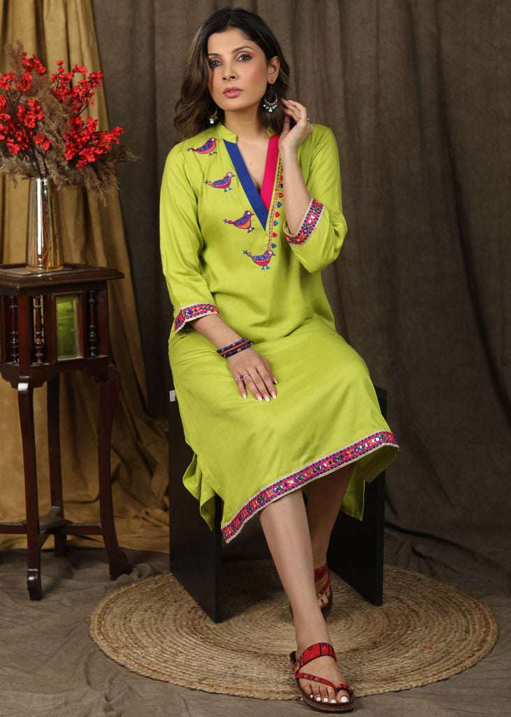 Stylish parrot green tunic dress with sparrow embroidery on yoke highlighted with elegant multicolor lace