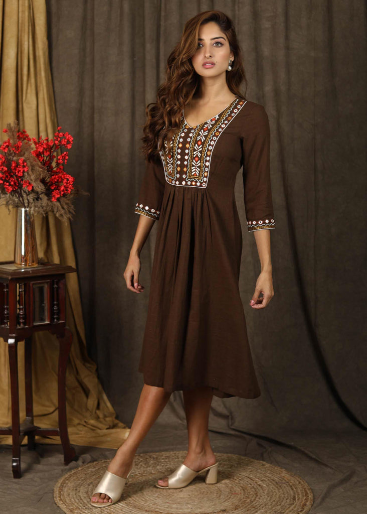 Trendy  henna brown A-Line dress with classy mirror embroidery on yoke & sleeves