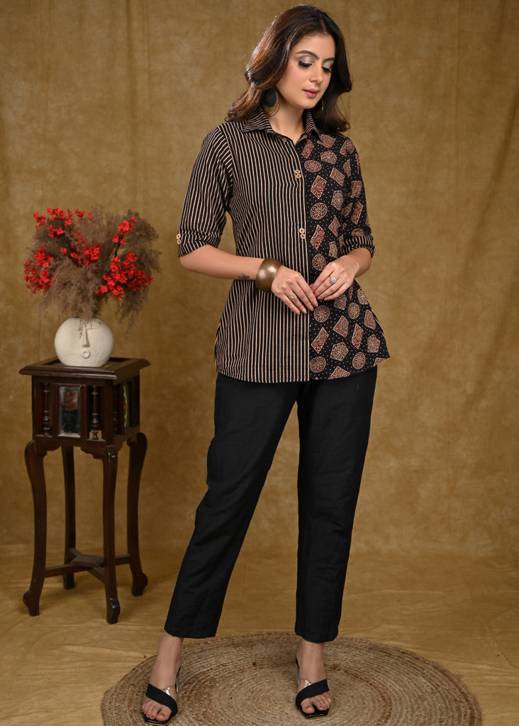 ON-SALE-black-cotton-ajrakh-stipes-circle-combination-top