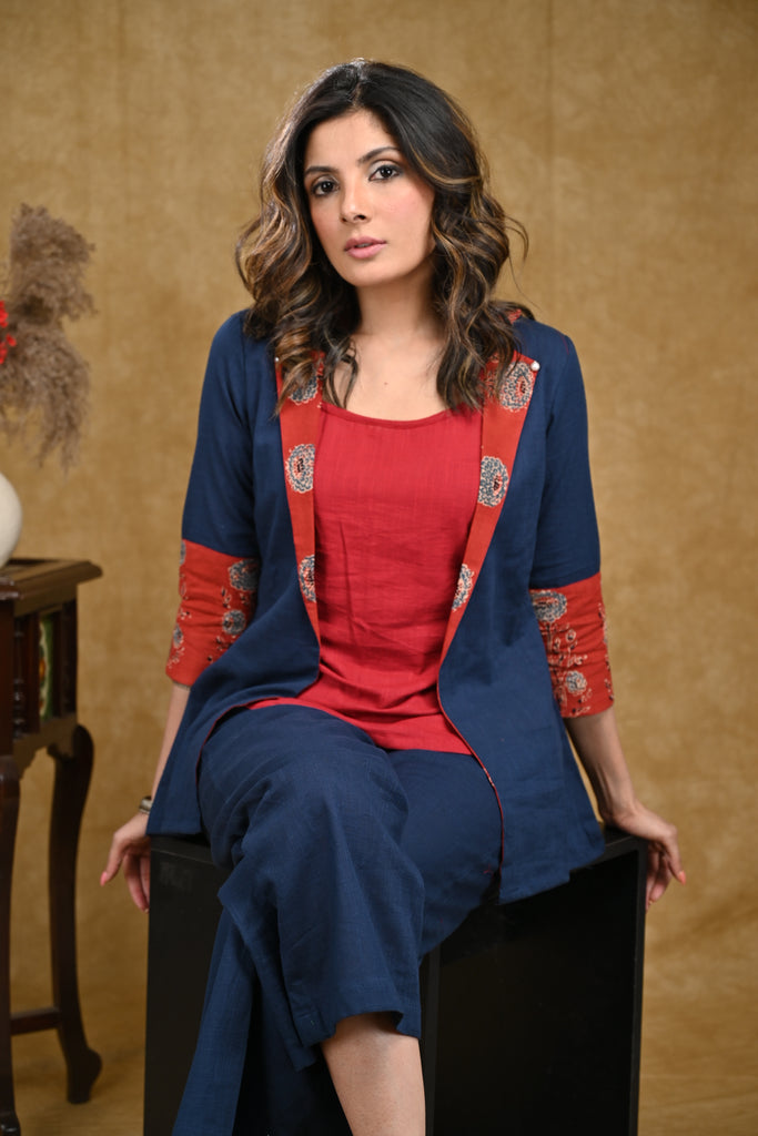 Elegant Blue Cotton Jacket with Ajrakh Collar and Plain Inner