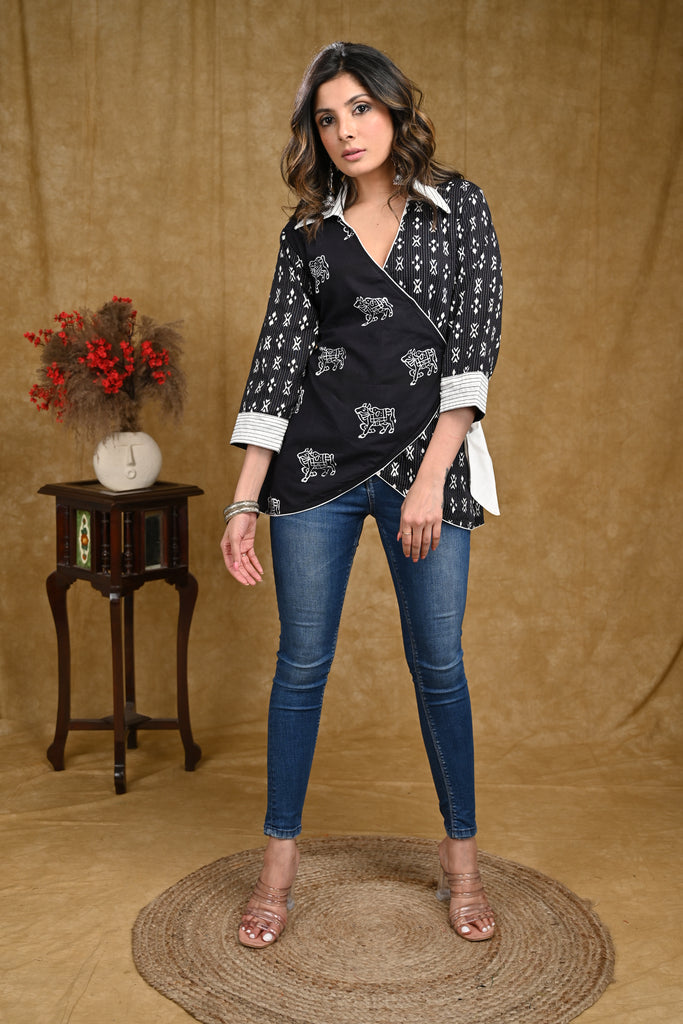 Black Cotton Ajrakh and Kantha Combination Crossover Top