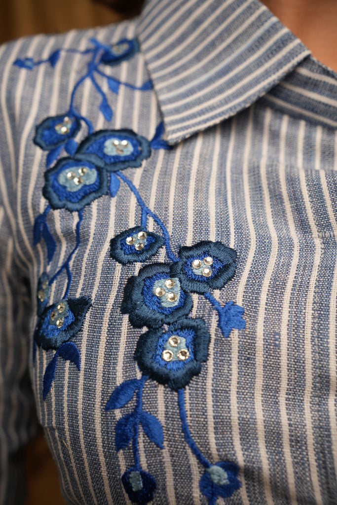 Classic Powder Blue Stripes Shirt with Beautiful Floral Embroidery