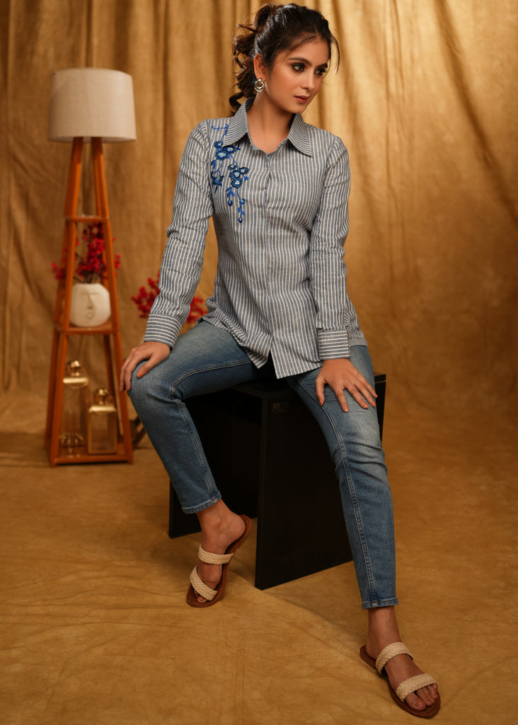 Classic Powder Blue Stripes Shirt with Beautiful Floral Embroidery