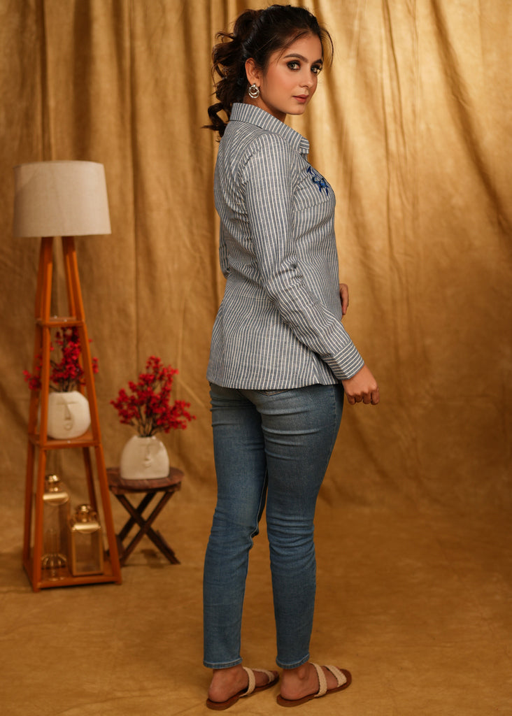 Classic Powder Blue Stripes Shirt with Beautiful Floral Embroidery