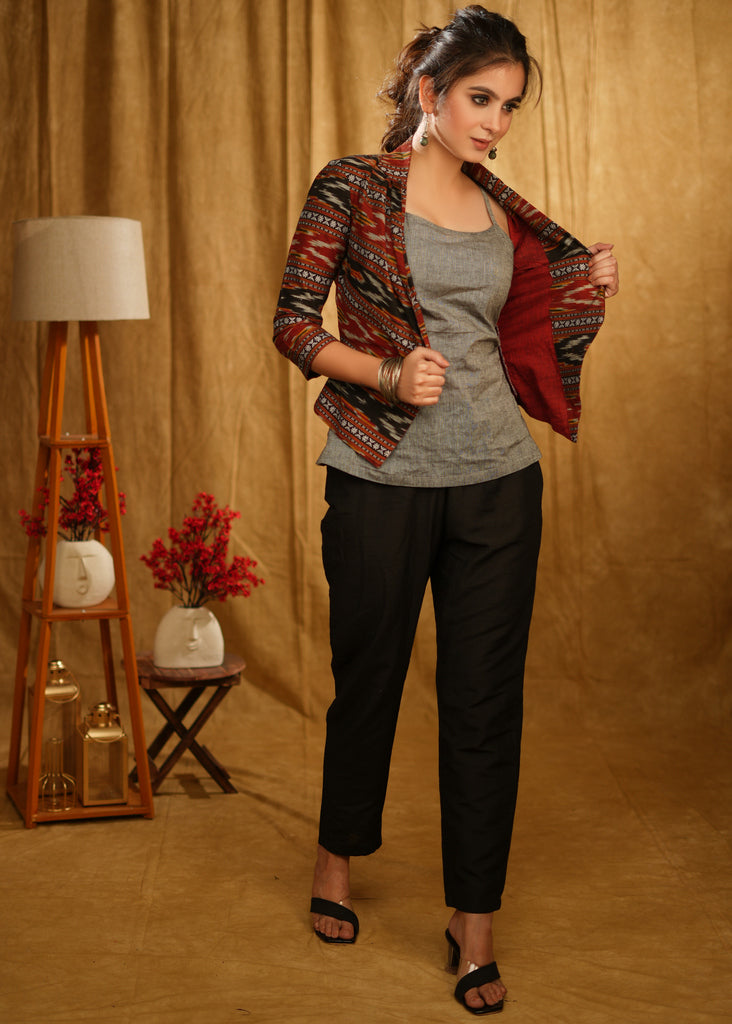 Grey Border Ikat Jacket with Grey Inner