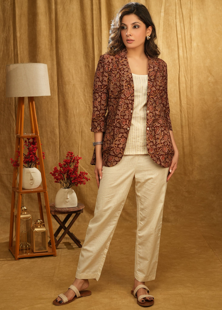 Smart Cotton Kalamkari Jacket with Beige Inner