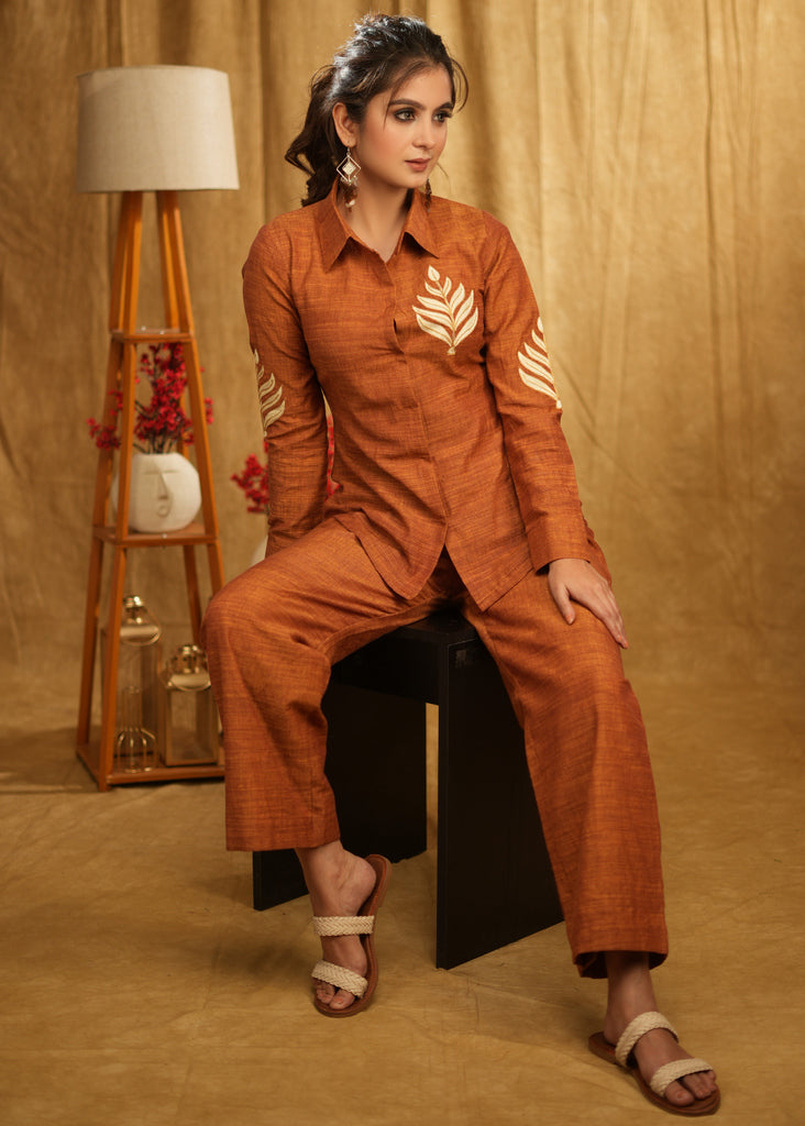 Elegant Rust Pure Cotton Shirt with Leaf Embroidered Motif