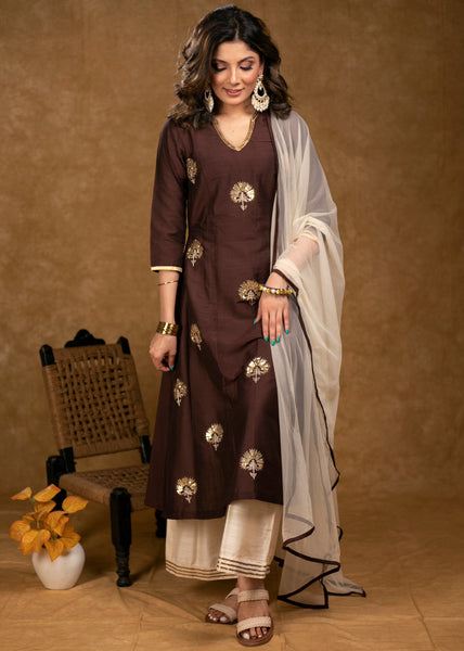 ON-SALE-classy-brown-cotton-silk-overall-hand-embroidered-kurta-with-off-white-palazzo-dupatta-optional