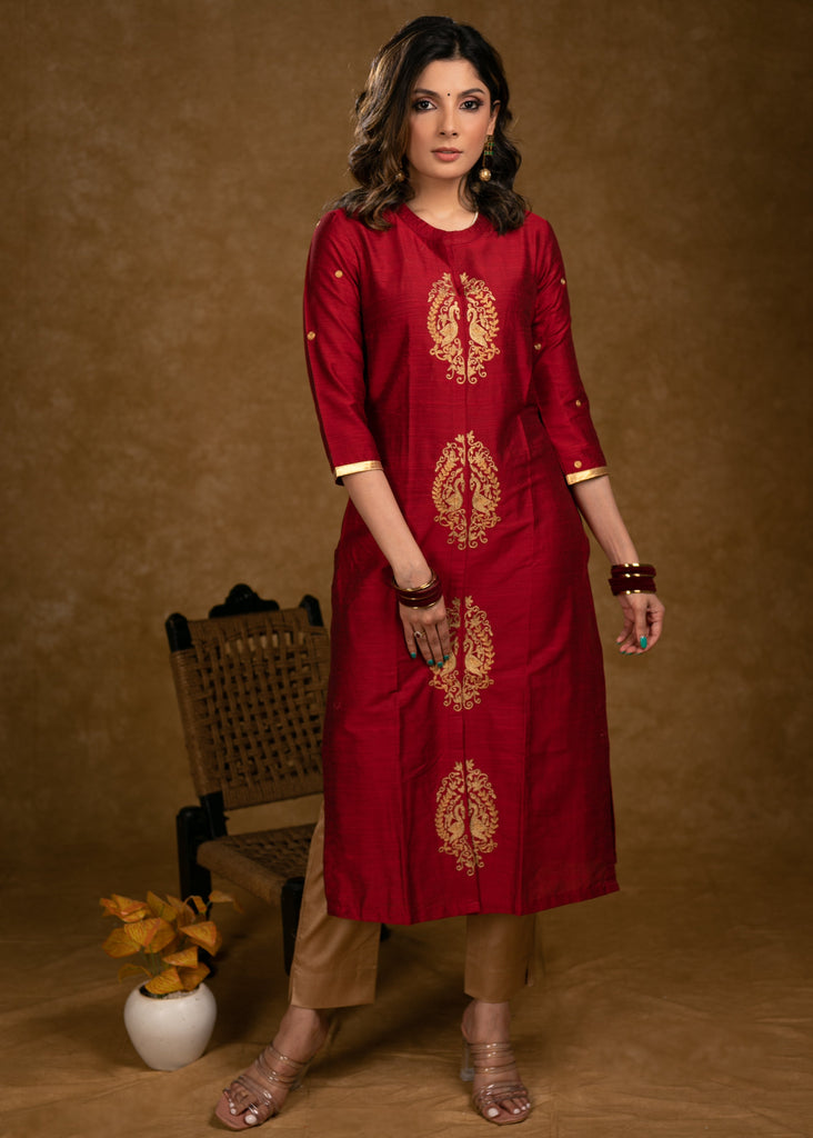 ON-SALE-elegant-maroon-cotton-silk-kurta-with-peacock-embroidered-motifs-in-front