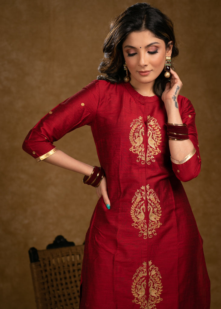 ON-SALE-elegant-maroon-cotton-silk-kurta-with-peacock-embroidered-motifs-in-front