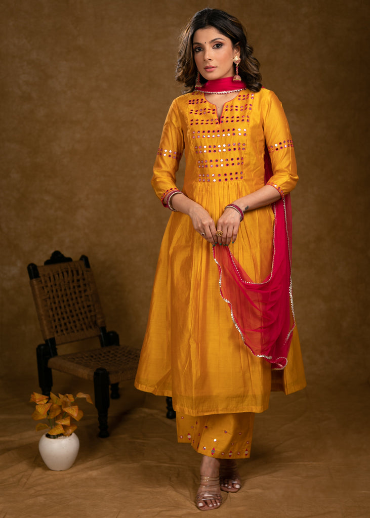 ON-SALE-party-wear-mango-chanderi-kurta-set-with-fuchsia-pink-mirror-hand-work-on-yoke-sleeves-palazzo-dupatta-optional