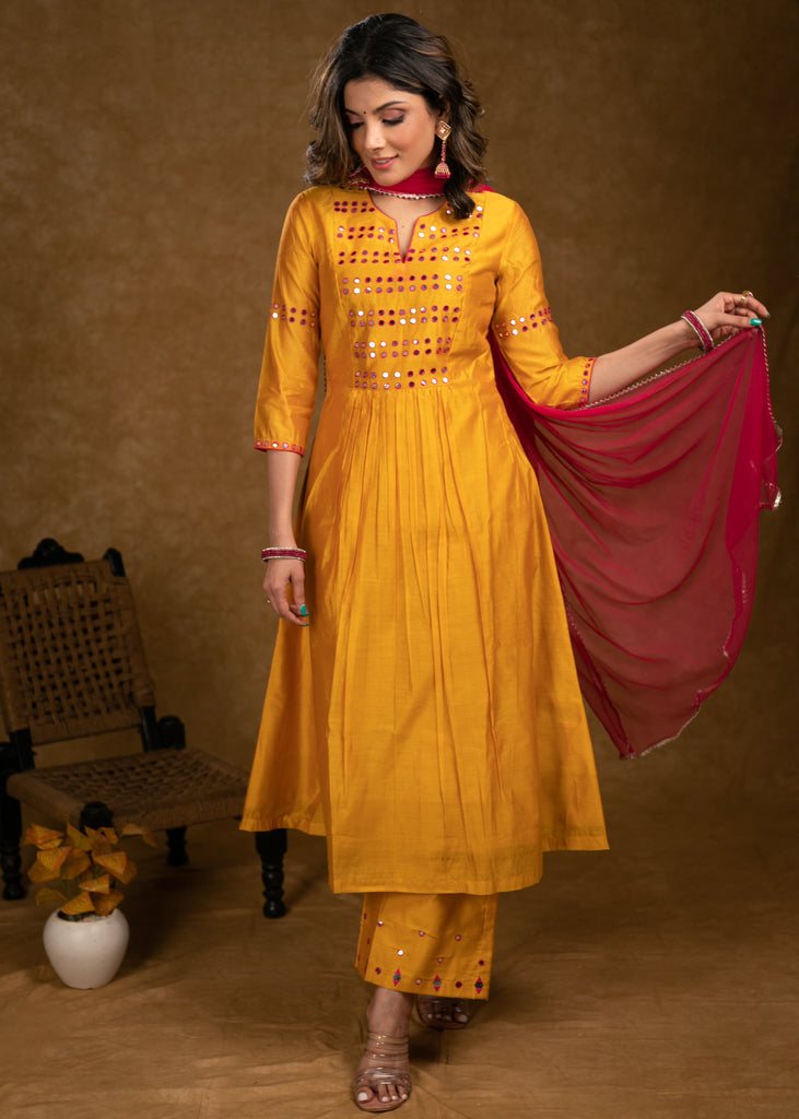 ON-SALE-party-wear-mango-chanderi-kurta-set-with-fuchsia-pink-mirror-hand-work-on-yoke-sleeves-palazzo-dupatta-optional