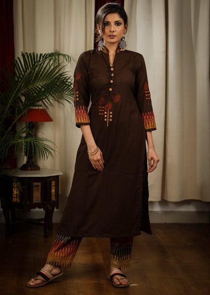 ON-SALE-sale-straight-cut-coffe-brown-handloom-cotton-kurta-with-elegant-embroidery-work-and-ikat