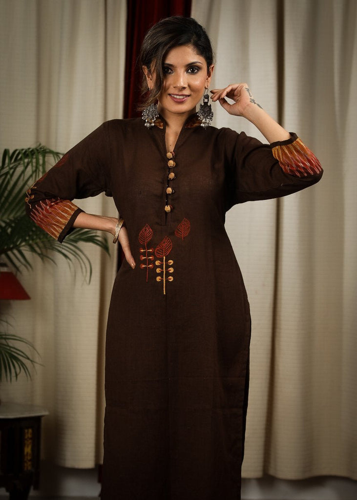 ON-SALE-sale-straight-cut-coffe-brown-handloom-cotton-kurta-with-elegant-embroidery-work-and-ikat