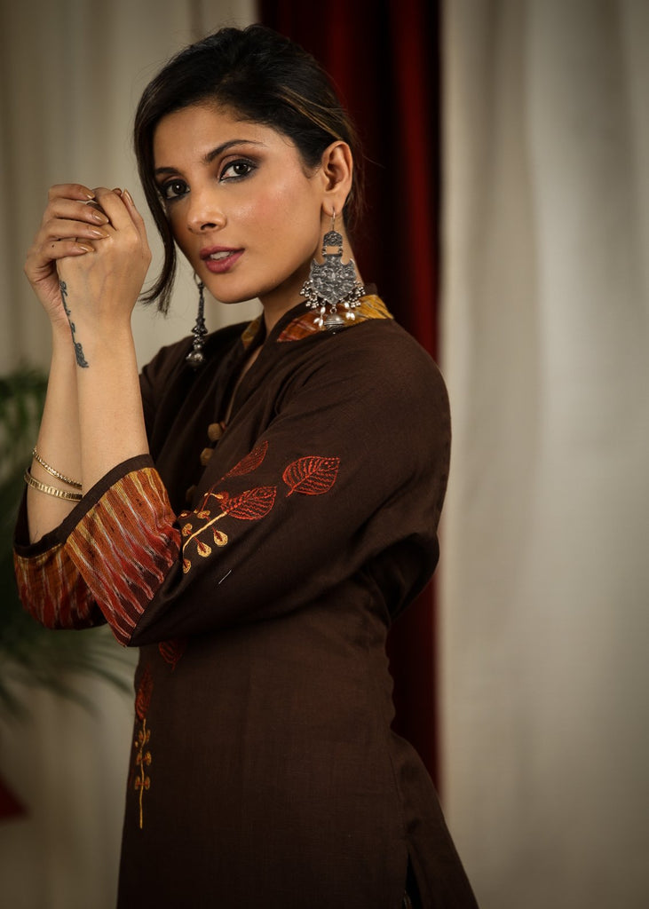 ON-SALE-sale-straight-cut-coffe-brown-handloom-cotton-kurta-with-elegant-embroidery-work-and-ikat