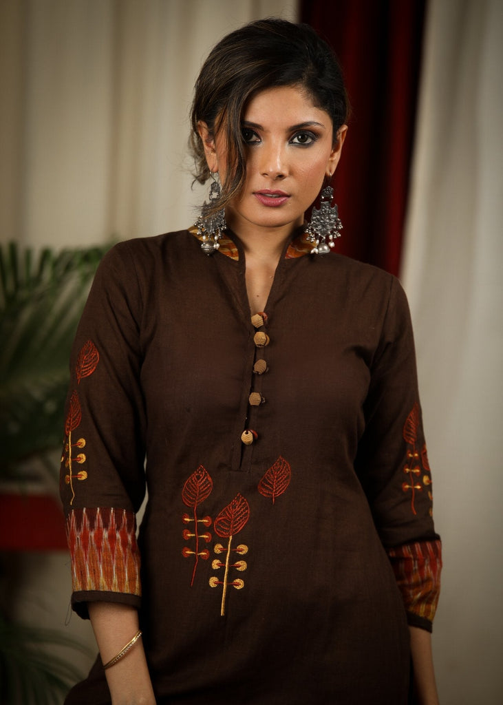 ON-SALE-sale-straight-cut-coffe-brown-handloom-cotton-kurta-with-elegant-embroidery-work-and-ikat