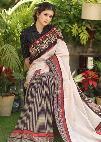 ON-SALE-regal-cotton-line-ajrakh-saree-with-cream-pallu-and-kalamkari-border