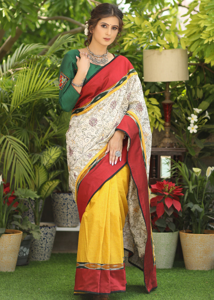 Dandelion yellow Cotton saree with Exclusive Kantha work Pallu & Ikaat border