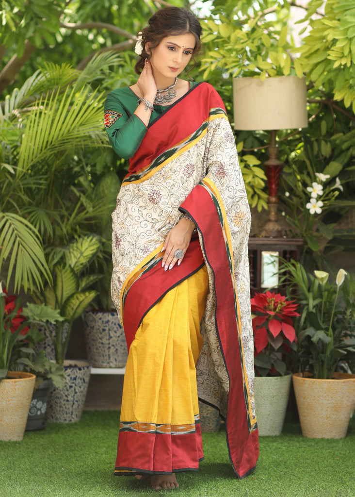 Dandelion yellow Cotton saree with Exclusive Kantha work Pallu & Ikaat border