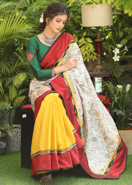 Dandelion yellow Cotton saree with Exclusive Kantha work Pallu & Ikaat border