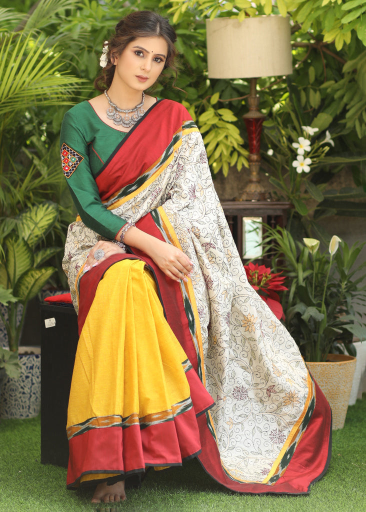 Dandelion yellow Cotton saree with Exclusive Kantha work Pallu & Ikaat border