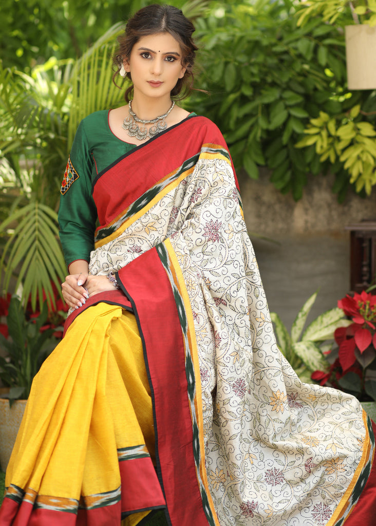 Dandelion yellow Cotton saree with Exclusive Kantha work Pallu & Ikaat border