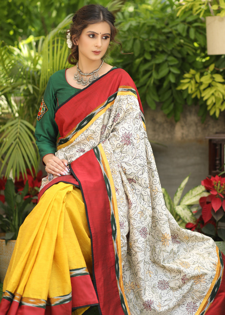 Dandelion yellow Cotton saree with Exclusive Kantha work Pallu & Ikaat border