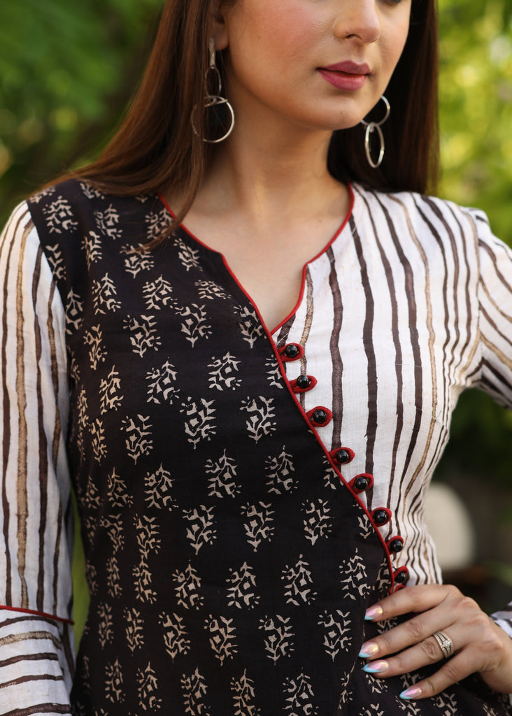 Stylish Cotton Black Ajrakh and White Striped Mix and Match Tunic