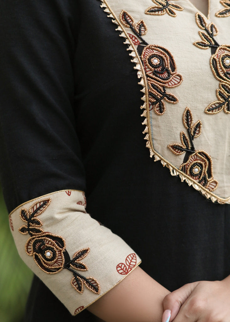 Black Cotton Silk Tunic with Beautiful Hand Embroidered Yoke and Sleeves