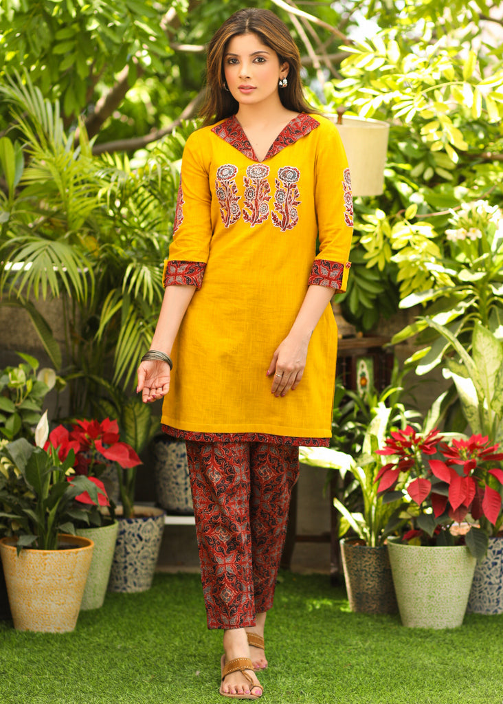 Classy Cotton Mustard Tunic with Maroon Ajrakh Collar and Sleeves with Contrast Patchwork on Front