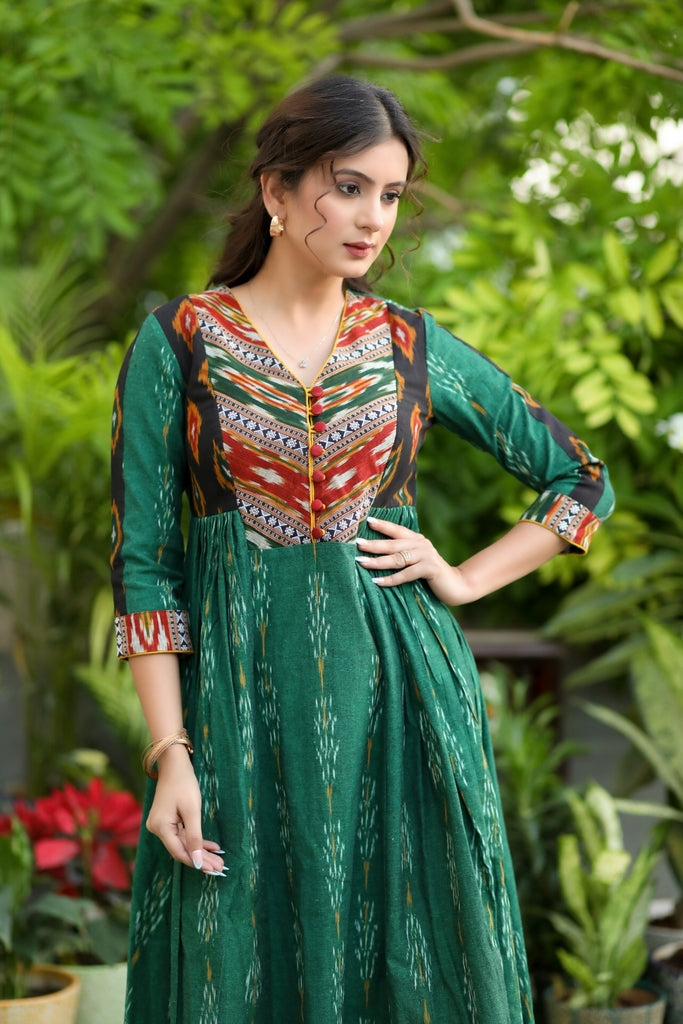 Exclusive Green and Multi-Color Ikat Combination Gathered Dress