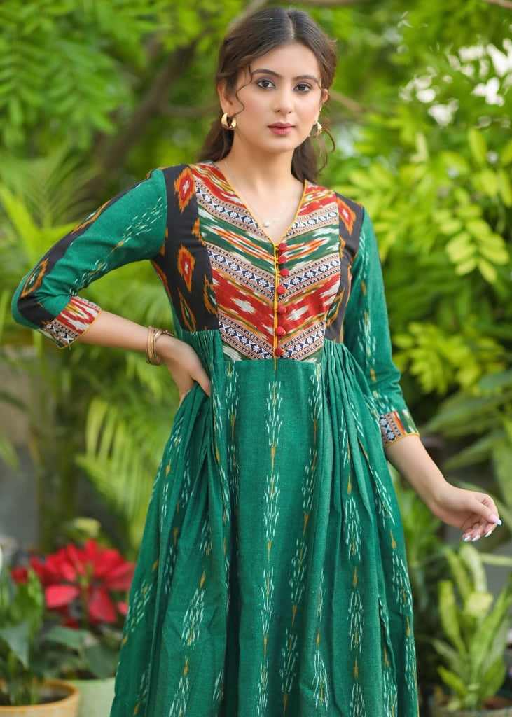 Exclusive Green and Multi-Color Ikat Combination Gathered Dress