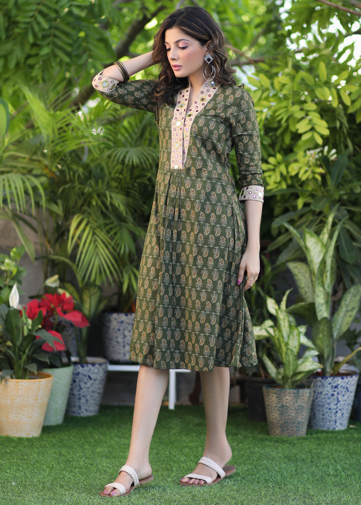 Classy V-Neck Pickle Green Ambi Print Dress with Mirrored Details on Neckline
