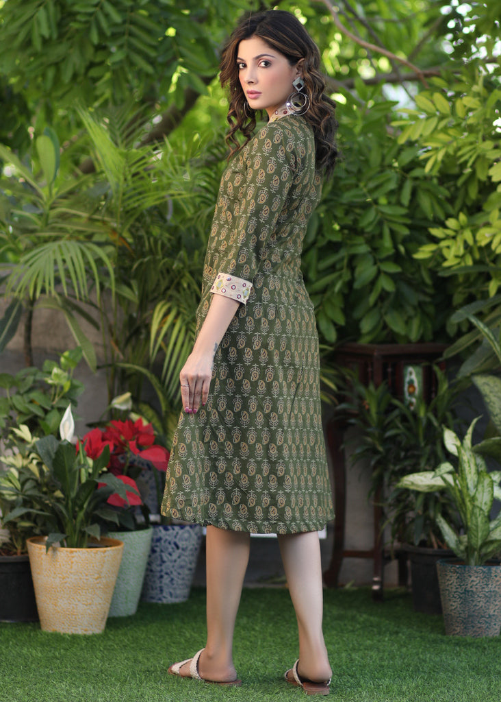 Classy V-Neck Pickle Green Ambi Print Dress with Mirrored Details on Neckline