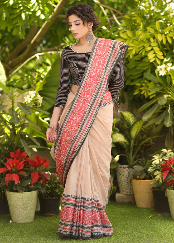 IKKAT SILK CREAM WITH RED COLOR TISSUE SAREE – pochampallysarees.com