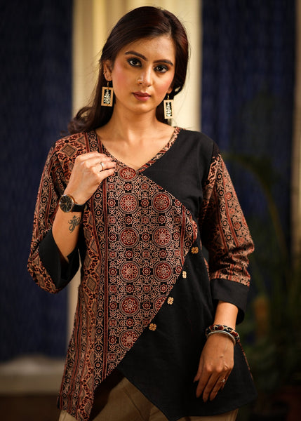 ON-SALE-exclusive-ajrakh-designer-top-with-black-handloom-cotton-combination