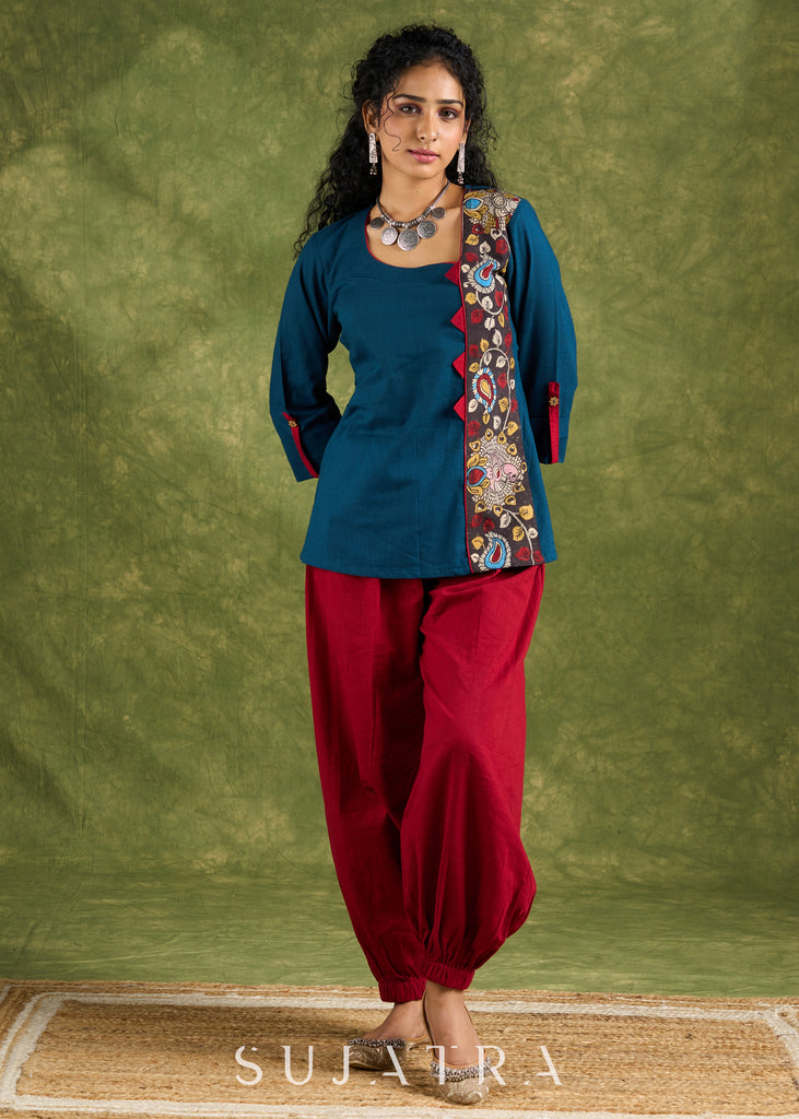 Vibrant Teal Cotton Kalamkari Combination Top - Pant Optional