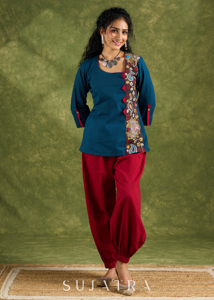 Vibrant Teal Cotton Kalamkari Combination Top - Pant Optional