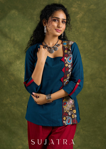 Vibrant Teal Cotton Kalamkari Combination Top - Pant Optional