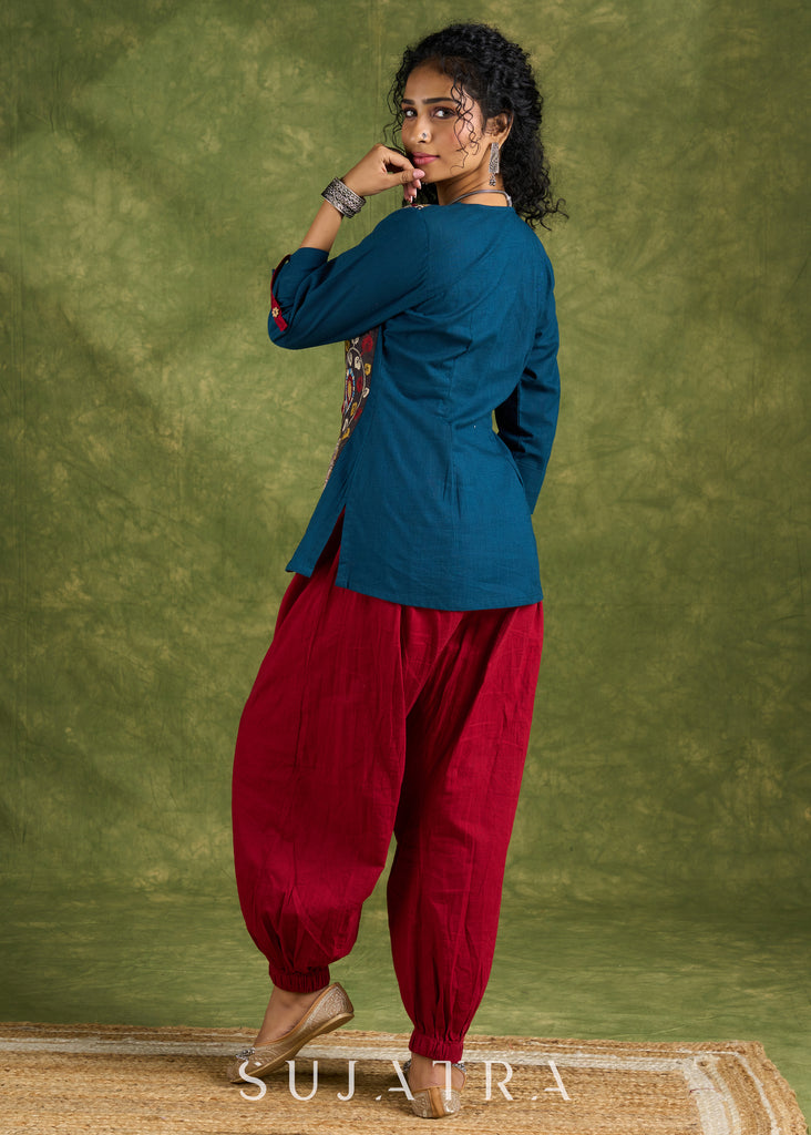 Vibrant Teal Cotton Kalamkari Combination Top - Pant Optional