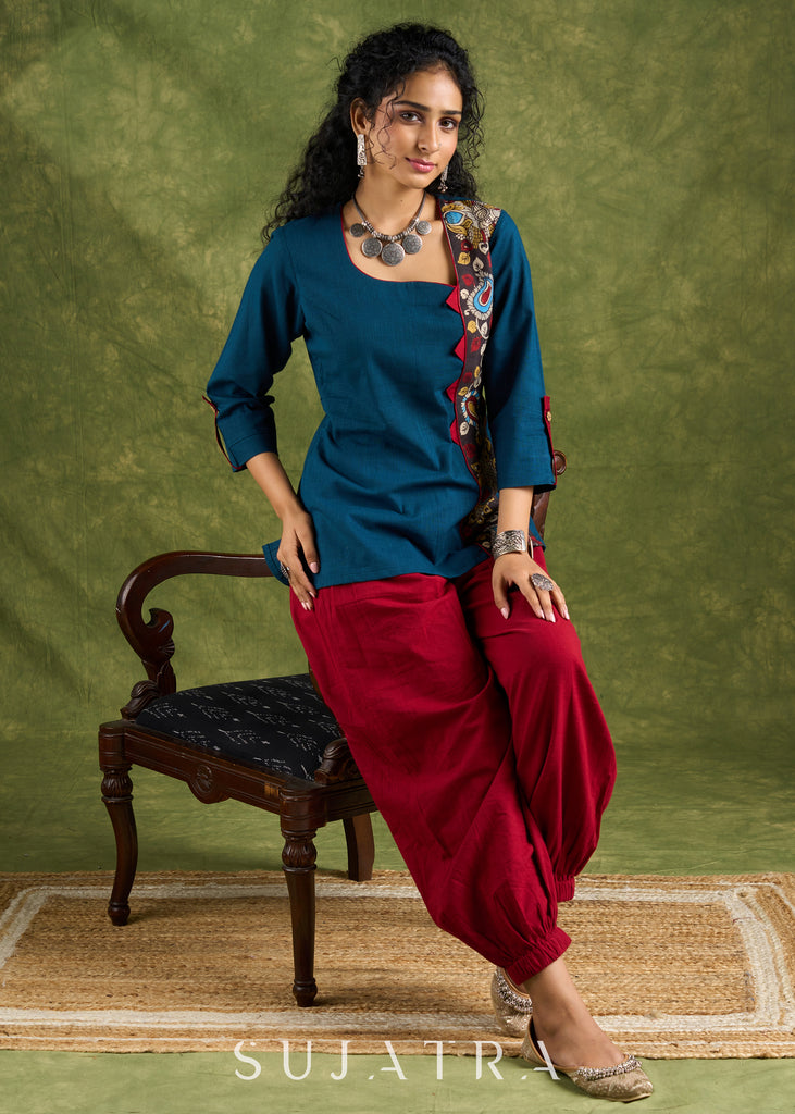 Vibrant Teal Cotton Kalamkari Combination Top - Pant Optional