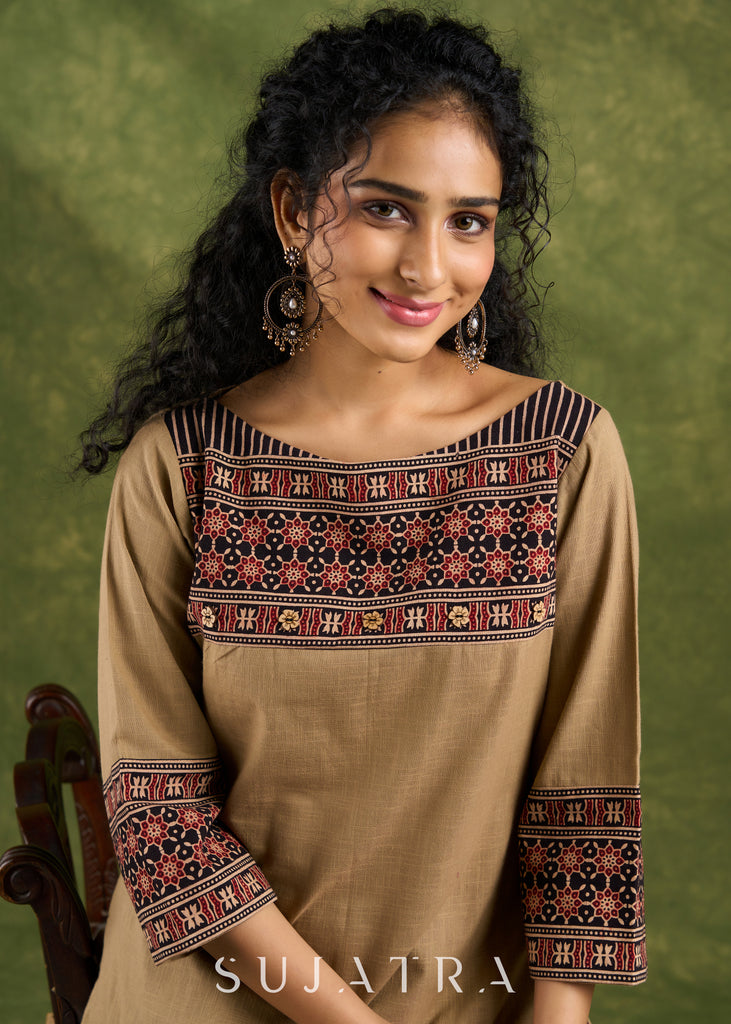 Beautiful Beige Cotton Top with Ajrakh details in the neck and sleeves