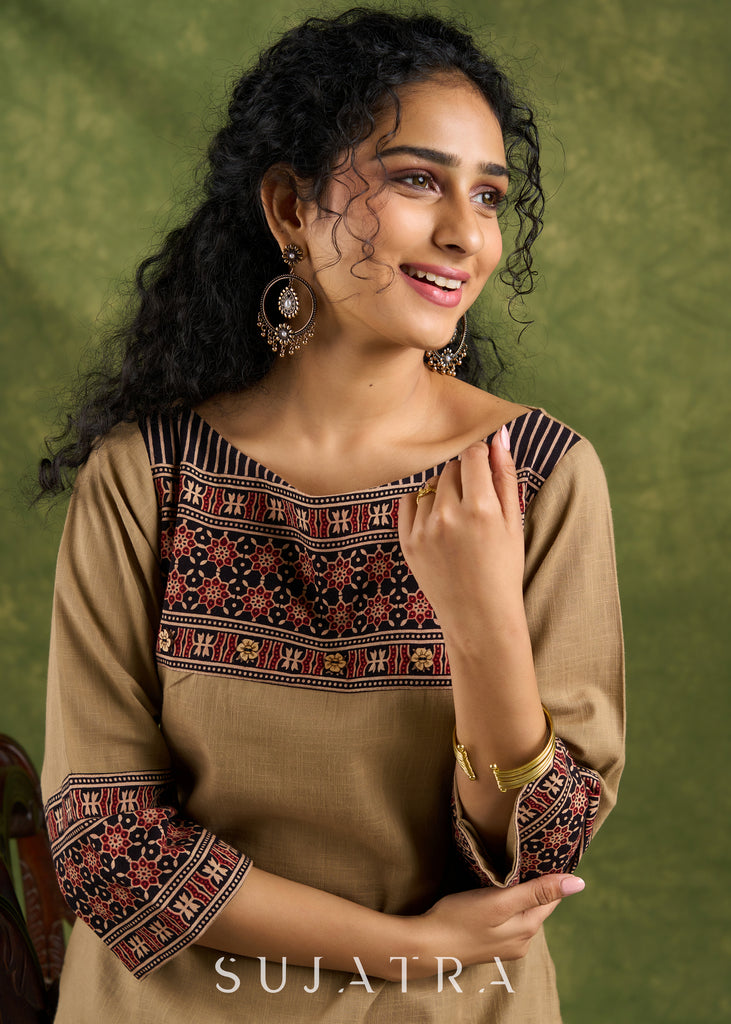 Beautiful Beige Cotton Top with Ajrakh details in the neck and sleeves