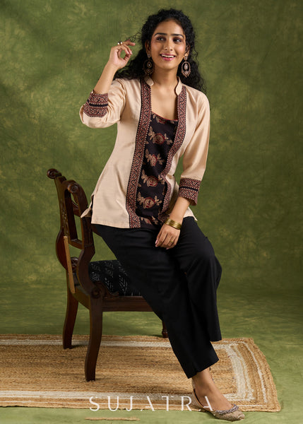 Trendy Beige Cotton Silk Ajrakh Combination Top