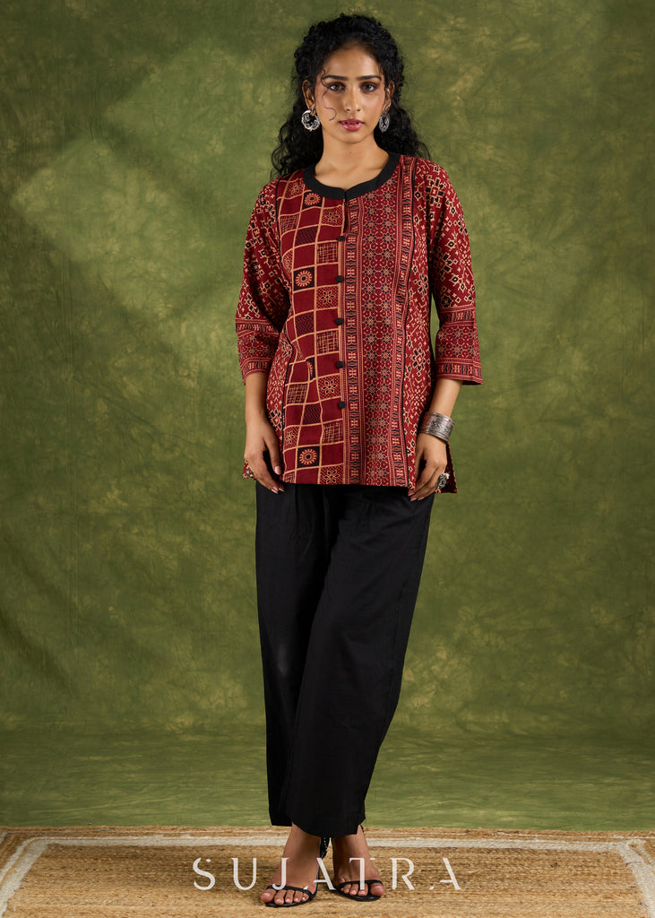 Classic  Ajrakh Combination Maroon Cotton Top