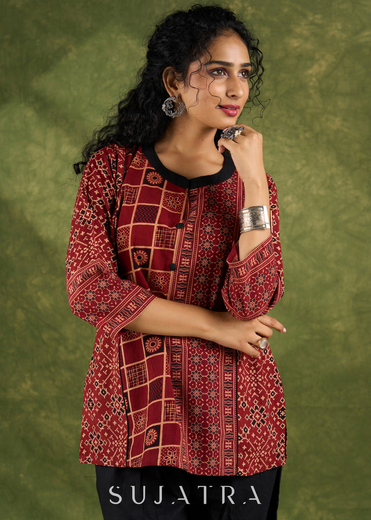 Classic  Ajrakh Combination Maroon Cotton Top